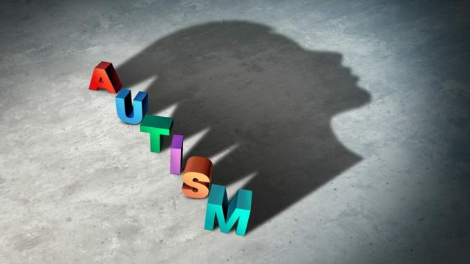 Az autizmus és az autista gyermek rendellenességek tünetei, mint egy neurológiai rendellenesség szindróma, és egy gyógyszerészeti vagy mentális egészség spektrum diagnosztizálási koncepció 3D-s illusztrációként.